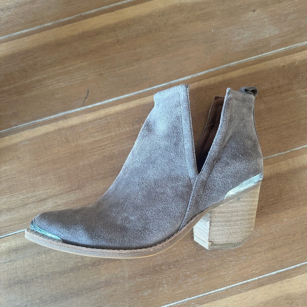 Jeffrey Campbell Taupe suede cutout booties.